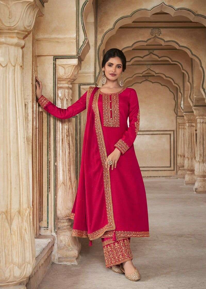 DESIGNER FANCY WEDDING PARTY WEAR DEEP PINK SILK STRAIGHT SUIT WITH PLAZZO NITYA 186 86003