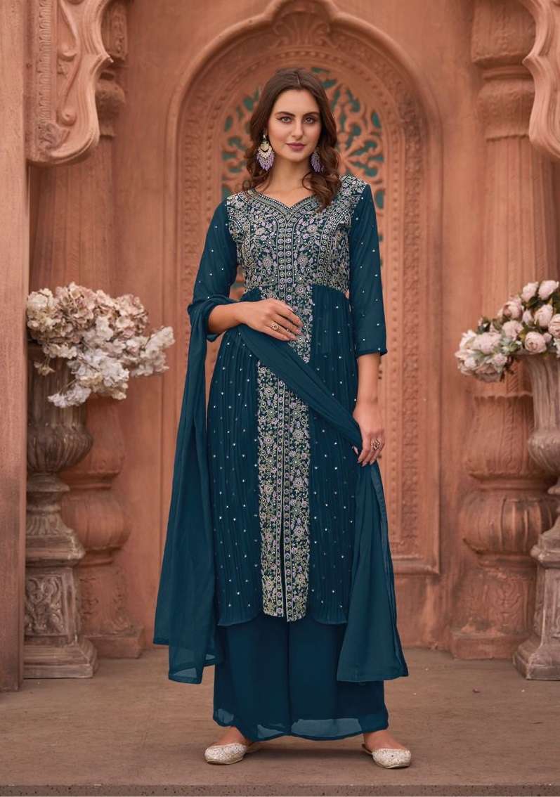 DESIGNER FANCY WEDDING PARTY WEAR GEORGETTE BLUE SHARARA SALWAR SUIT EB APPLE CUT 1562