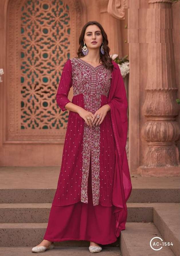 DESIGNER FANCY WEDDING PARTY WEAR GEORGETTE DEEP PINK SHARARA SALWAR SUIT EB APPLE CUT 1564