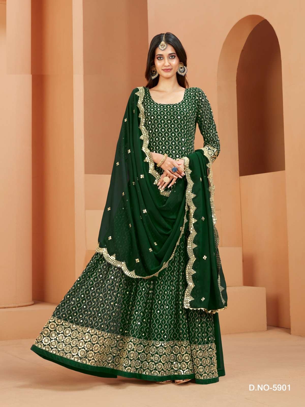 DESIGNER FANCY WEDDING PARTY WEAR GEORGETTE GREEN ANARKALI GOWN SALWAR SUIT GOWN AANAYA 5901