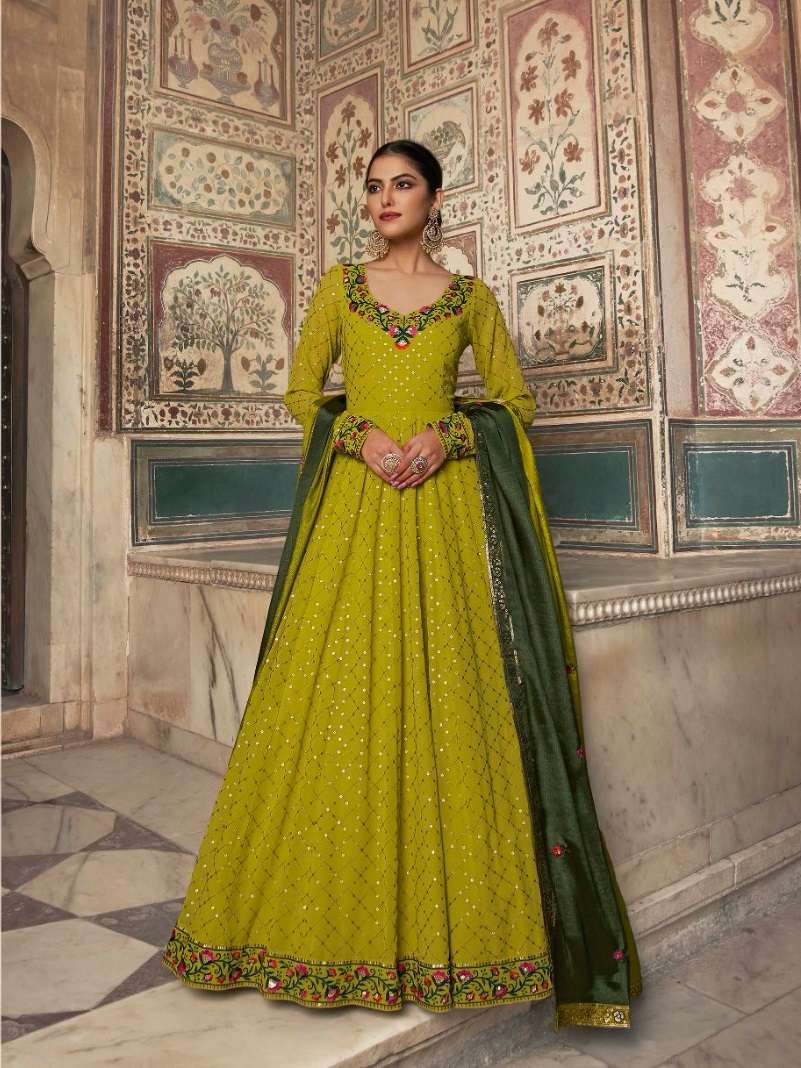 DESIGNER FANCY WEDDING PARTY WEAR GEORGETTE LIME GREEN GOWN KF FLORY 4864