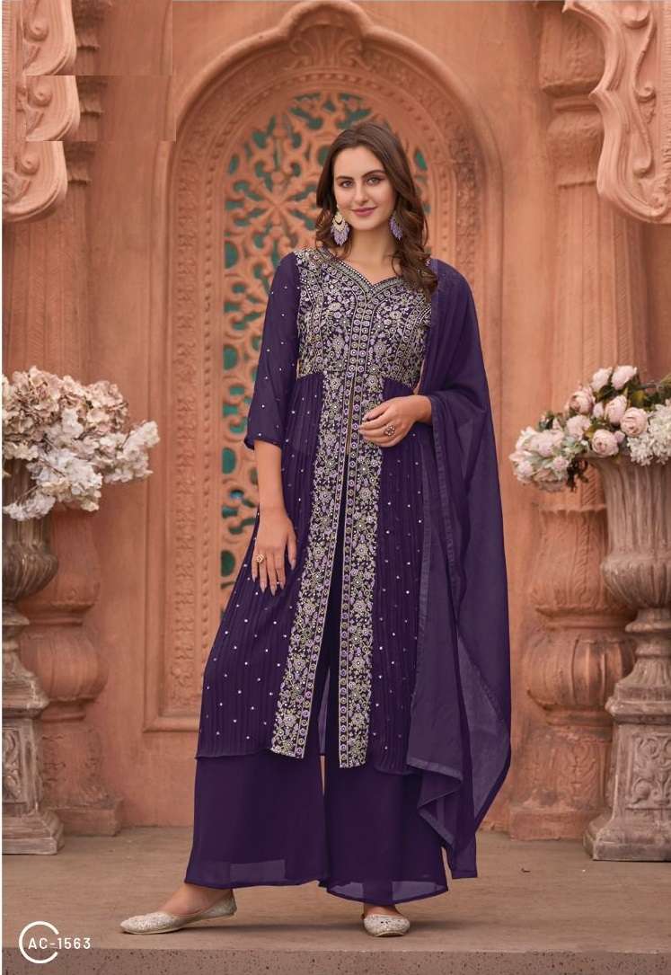 DESIGNER FANCY WEDDING PARTY WEAR GEORGETTE PURPLE SHARARA SALWAR SUIT EB APPLE CUT 1563