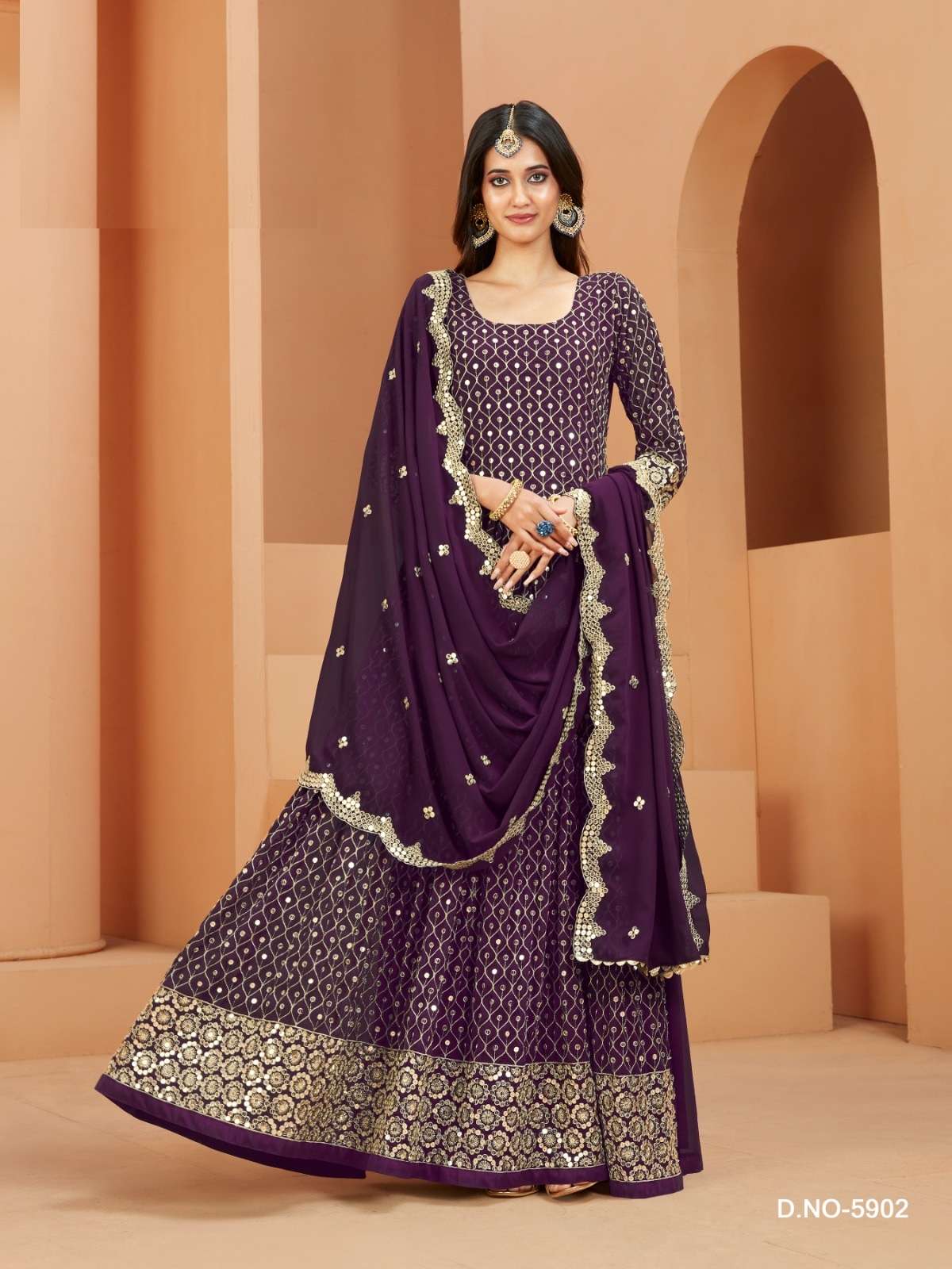 DESIGNER FANCY WEDDING PARTY WEAR GEORGETTE PURPLE ANARKALI GOWN SALWAR SUIT GOWN AANAYA 5902