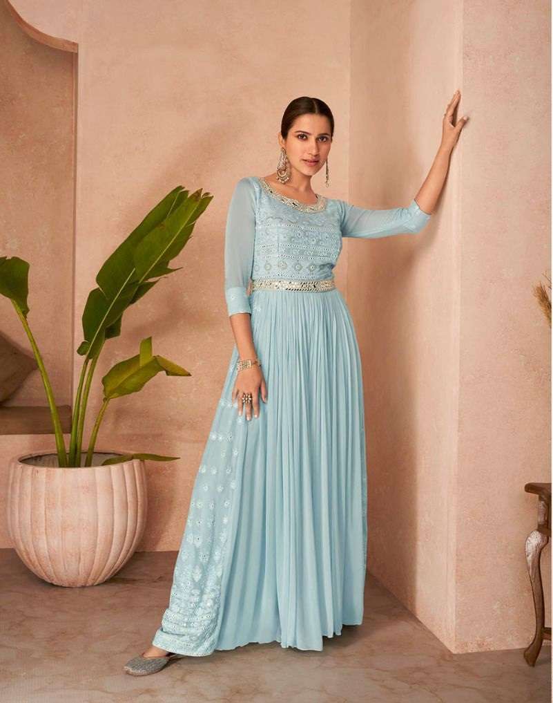 DESIGNER FANCY WEDDING PARTY WEAR GEORGETTE SKY BLUE ANARKALI GOWN SALWAR SUIT GOWN SAYURI OCCASION 5231