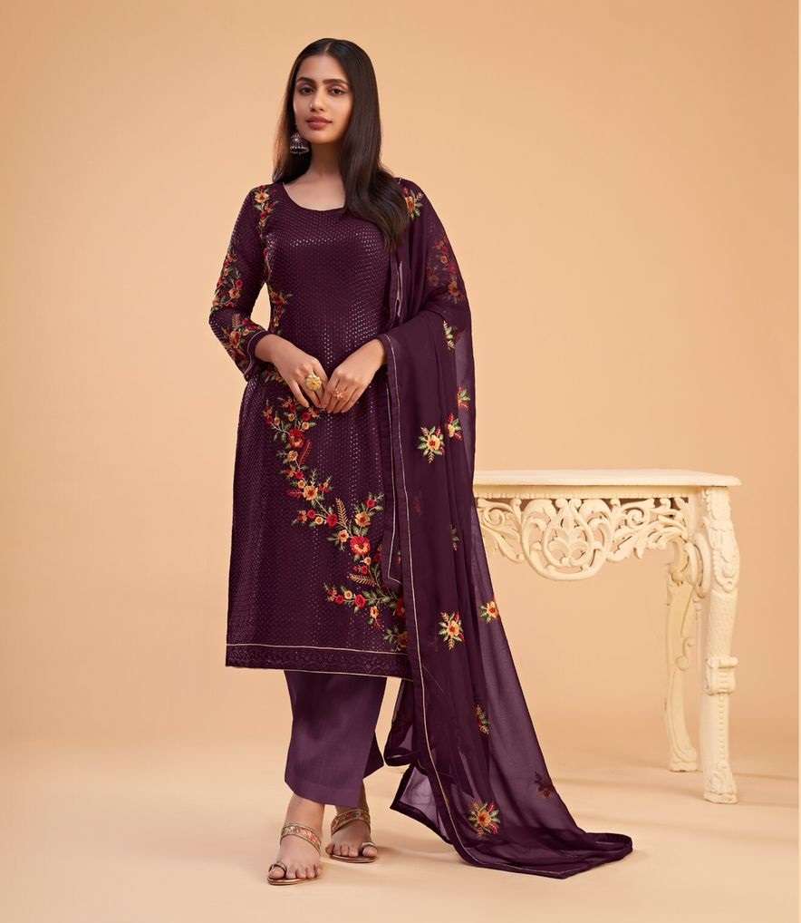 DESIGNER FANCY WEDDING PARTY WEAR GEORGETTE STRAIGHT WINE SALWAR SUIT ALZ ZAIDA 2053A