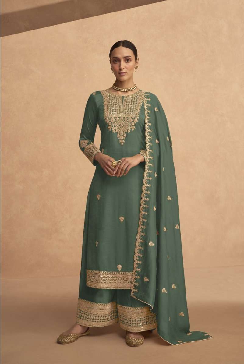 DESIGNER FANCY WEDDING PARTY WEAR GREEN GEORGETTE STRAIGHT PLAZZO SALWAR SUIT AASHIRWAD 9493B