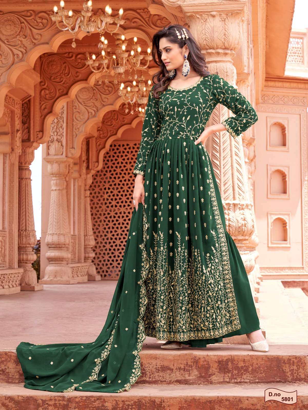 DESIGNER FANCY WEDDING PARTY WEAR GREEN GEORGETTE NAYRA CUT SHARARA SALWAR SUIT AANAYA 5801