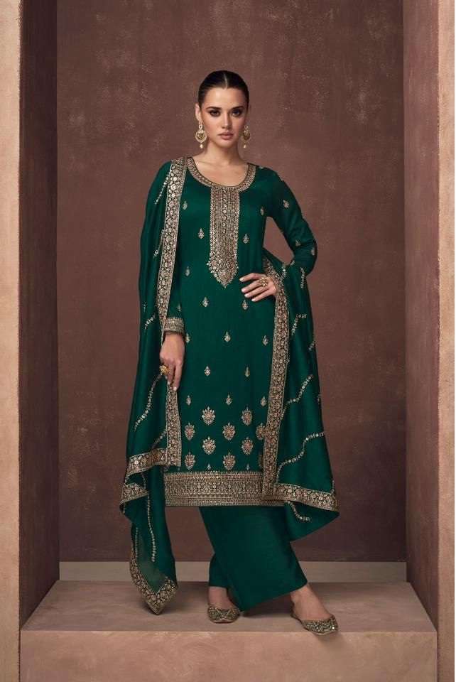 DESIGNER FANCY WEDDING PARTY WEAR GREEN PREMIUM SILK STRAIGHT SALWAR SUIT AF ZAHA 9583