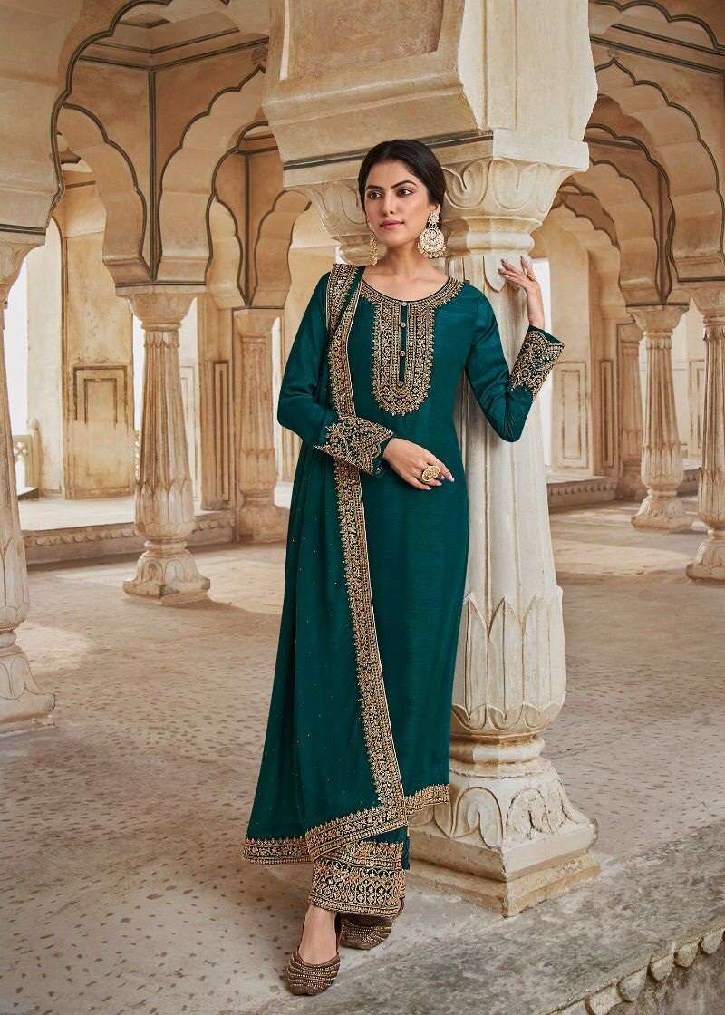 DESIGNER FANCY WEDDING PARTY WEAR GREEN SILK STRAIGHT SUIT WITH PLAZZO NITYA 186 86002