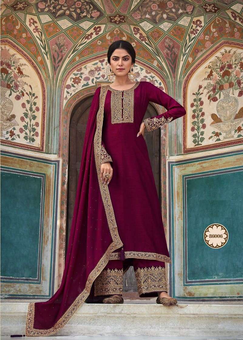 DESIGNER FANCY WEDDING PARTY WEAR MAGENTA SILK STRAIGHT SUIT WITH PLAZZO NITYA 186 86006