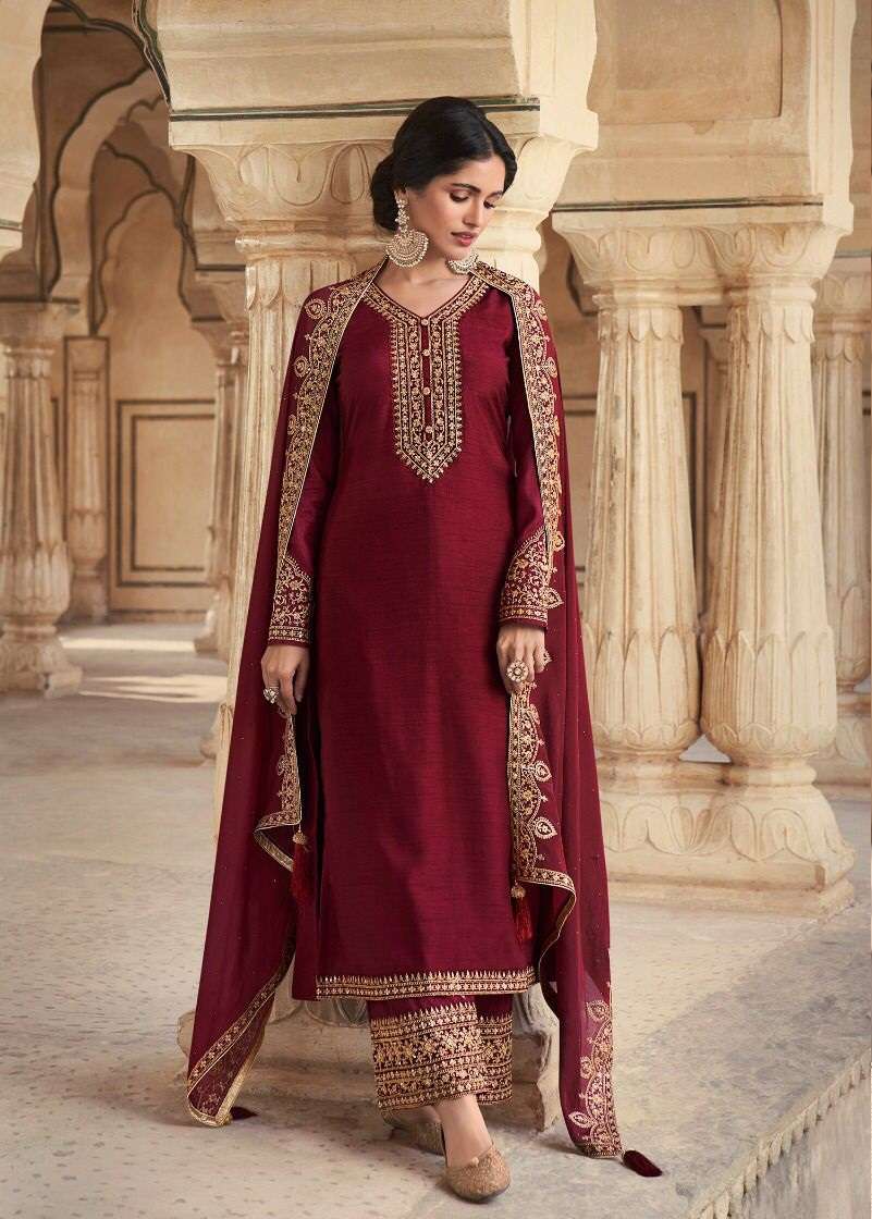 DESIGNER FANCY WEDDING PARTY WEAR MAROON SILK STRAIGHT SUIT WITH PLAZZO NITYA 186 86001