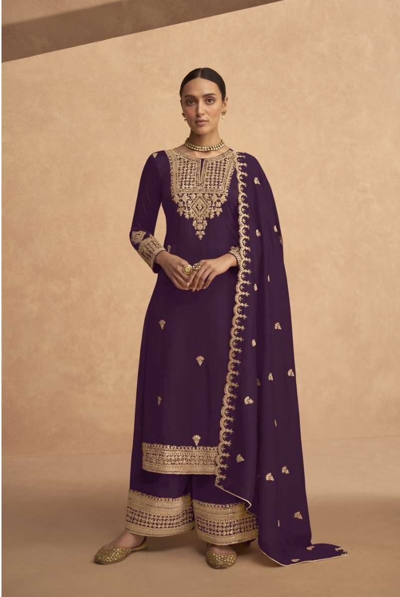 DESIGNER FANCY WEDDING PARTY WEAR PURPLE GEORGETTE STRAIGHT PLAZZO SALWAR SUIT AASHIRWAD 9493A