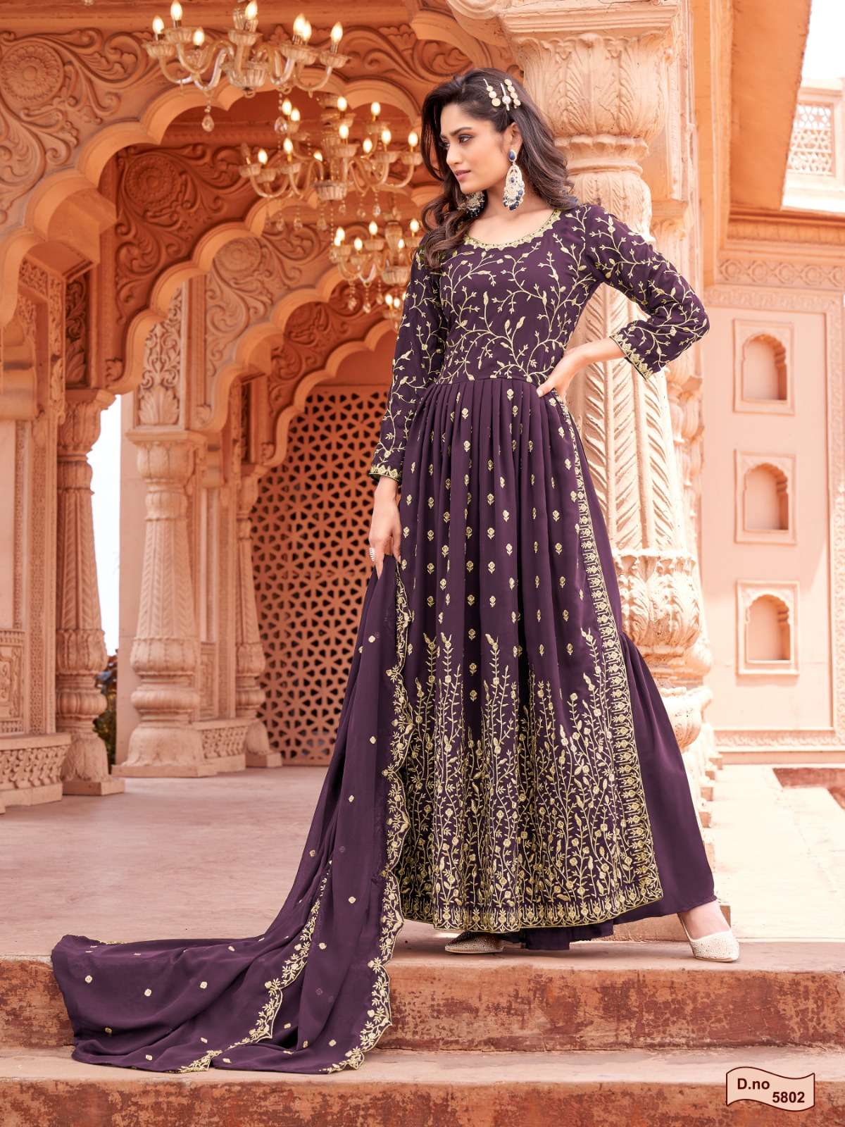 DESIGNER FANCY WEDDING PARTY WEAR PURPLE GEORGETTE NAYRA CUT SHARARA SALWAR SUIT AANAYA 5802