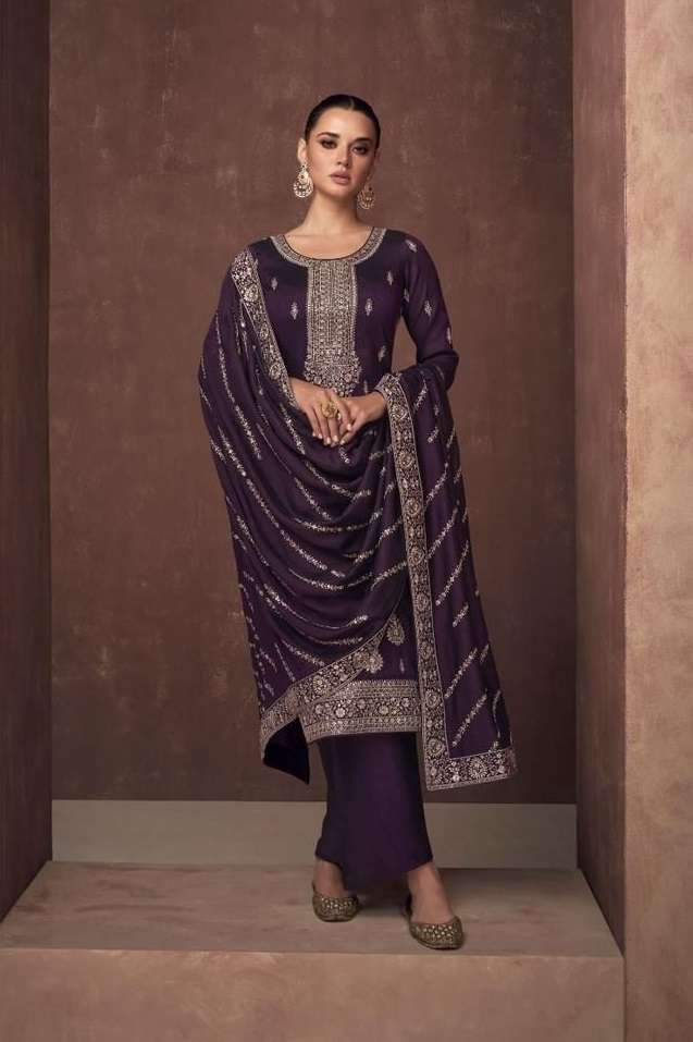 DESIGNER FANCY WEDDING PARTY WEAR PURPLE PREMIUM SILK STRAIGHT SALWAR SUIT AF ZAHA 9584