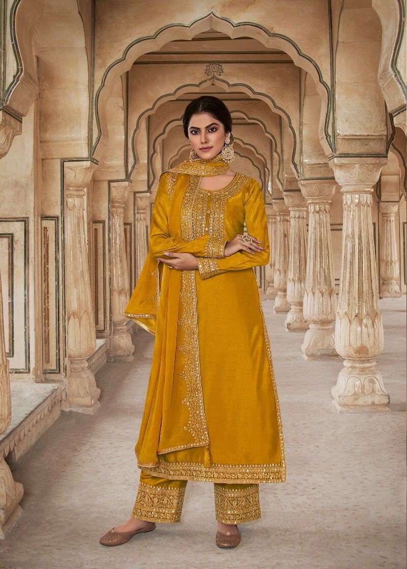 DESIGNER FANCY WEDDING PARTY WEAR YELLOW SILK STRAIGHT SUIT WITH PLAZZO NITYA 186 86004