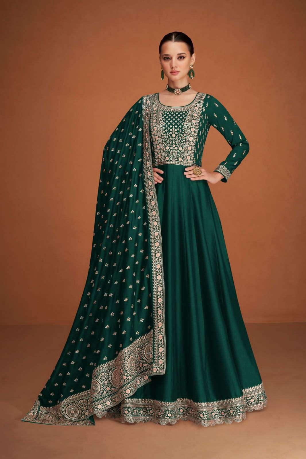 DESIGNER GREEN SILK ANARKALI PARTY WEAR SALWAR SUIT LONG GOWN AF VEERA 9577