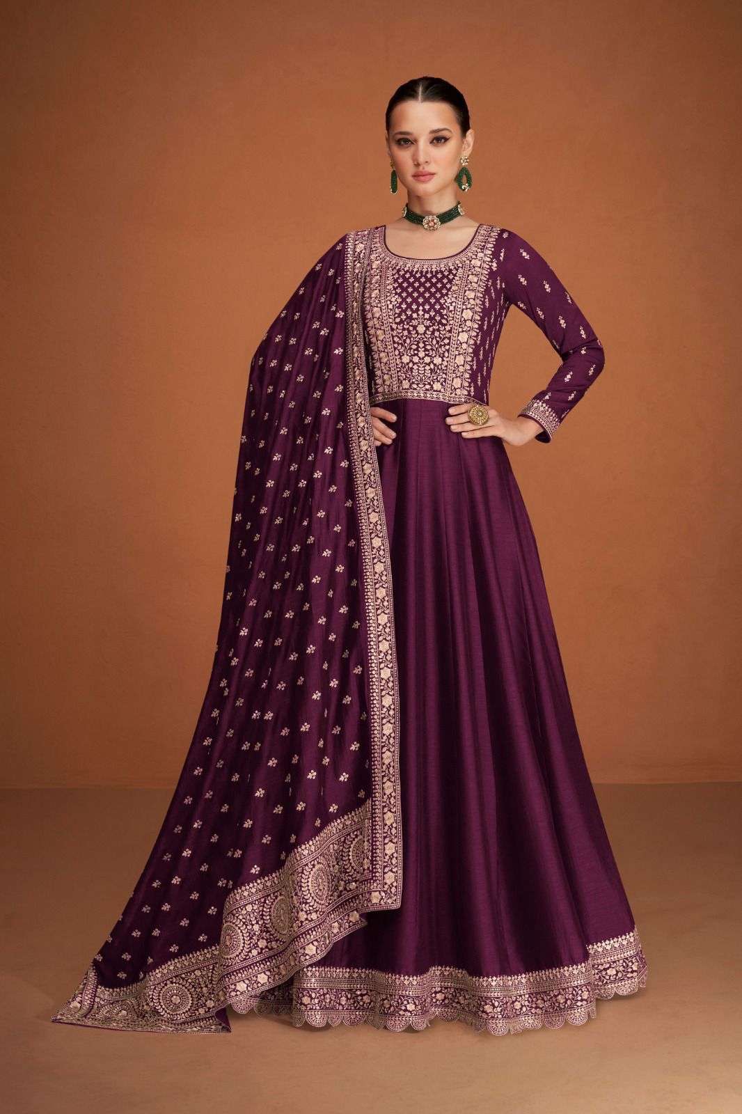 DESIGNER PURPLE WINE SILK ANARKALI PARTY WEAR SALWAR SUIT LONG GOWN AF VEERA 9581