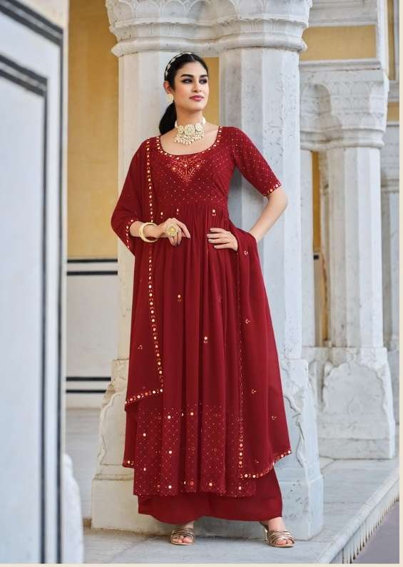 DESIGNER READY TO WEAR FANCY WEDDING PARTY WEAR GEORGETTE RED ANARKALI SHARARA PLAZZO SALWAR SUIT KF FLORY 4892