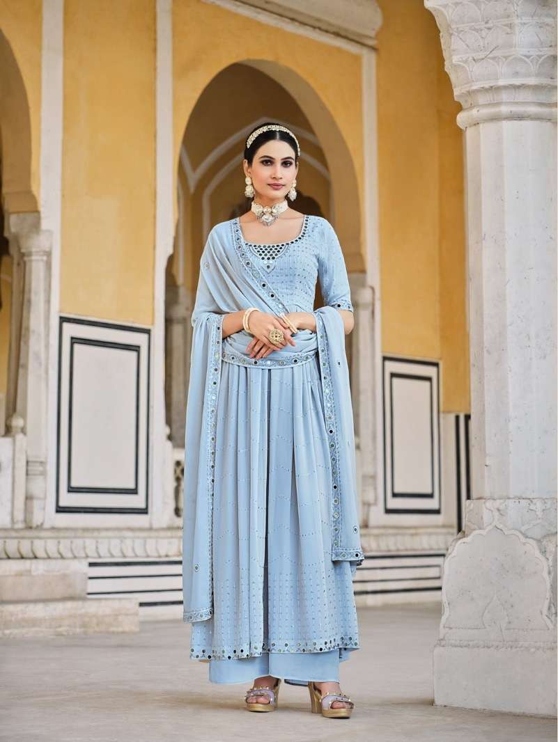 DESIGNER READY TO WEAR FANCY WEDDING PARTY WEAR GEORGETTE SKY COLOR ANARKALI SHARARA PLAZZO SALWAR SUIT KF FLORY 4893