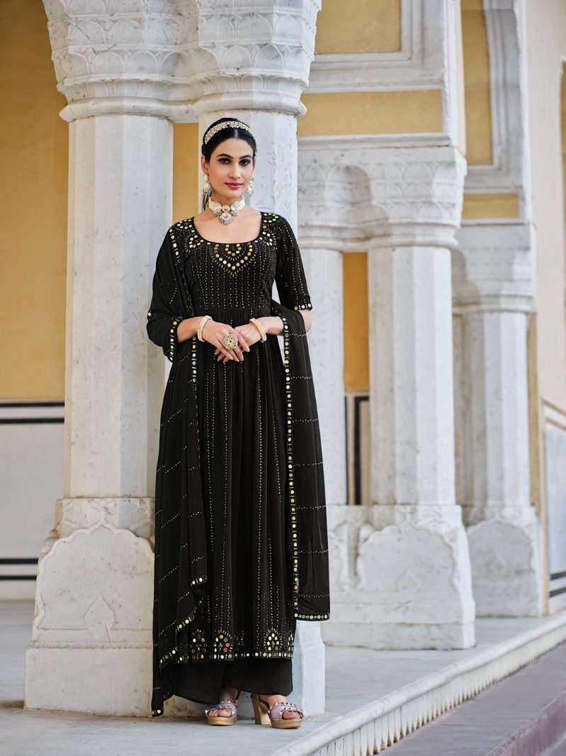 DESIGNER READY TO WEAR FANCY WEDDING PARTY WEAR GEORGETTE BLACK ANARKALI SHARARA PLAZZO SALWAR SUIT KF FLORY 4894