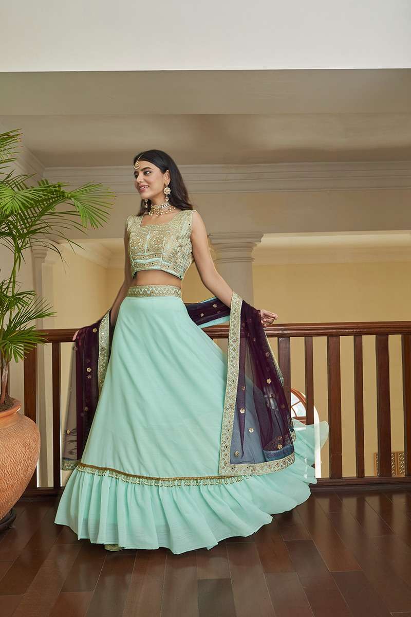 DESIGNER TRENDY STYLISH FANCY PARTY WEAR AQUA GREEN SILK LEHENGA CHOLI AHN RIVAAZ 2905