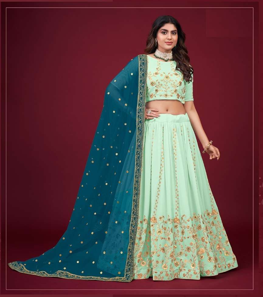 DESIGNER TRENDY STYLISH FANCY PARTY WEAR GEORGETTE GREEN LEHENGA CHOLI AHN GLAMOUR 3402