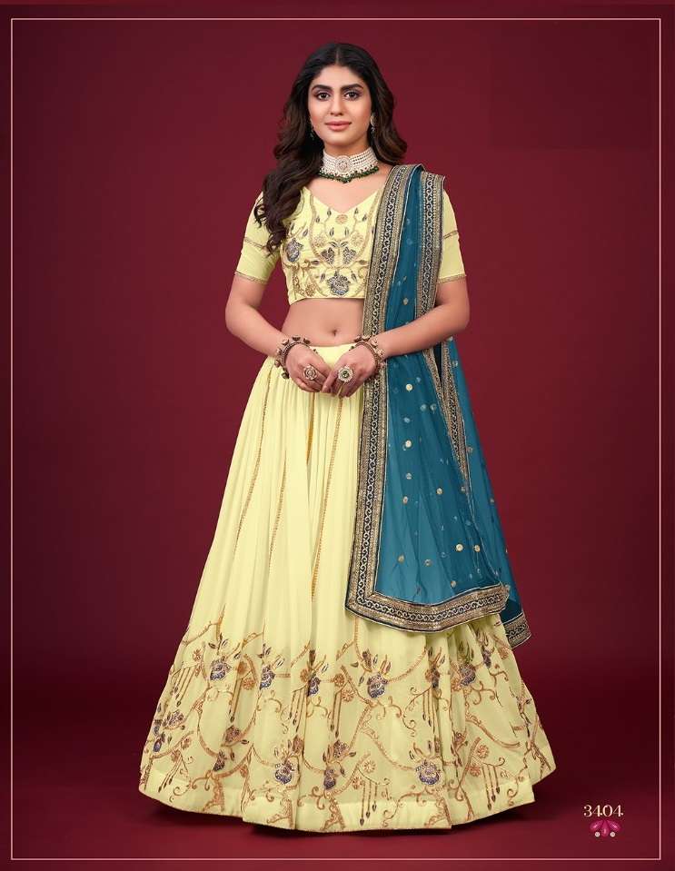 DESIGNER TRENDY STYLISH FANCY PARTY WEAR GEORGETTE YELLOW LEHENGA CHOLI AHN GLAMOUR 3404