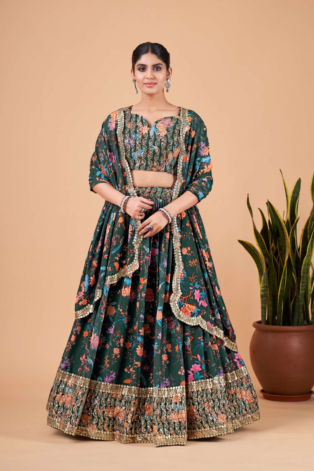 DESIGNER TRENDY STYLISH FANCY PARTY WEAR GREEN GEORGETTE LEHENGA CHOLI AAHVANN FLORANCE 6004