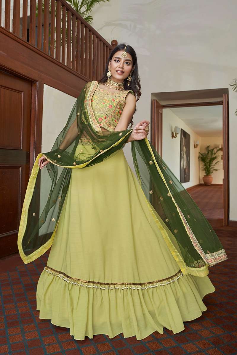 DESIGNER TRENDY STYLISH FANCY PARTY WEAR LEMON YELLOW SILK LEHENGA CHOLI AHN RIVAAZ 2901