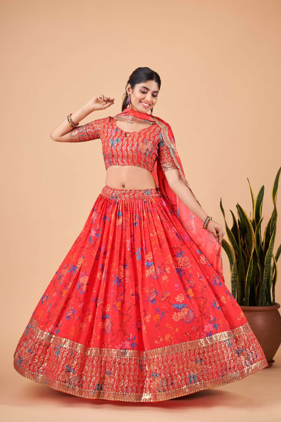 DESIGNER TRENDY STYLISH FANCY PARTY WEAR RED GEORGETTE LEHENGA CHOLI AAHVANN FLORANCE 6002