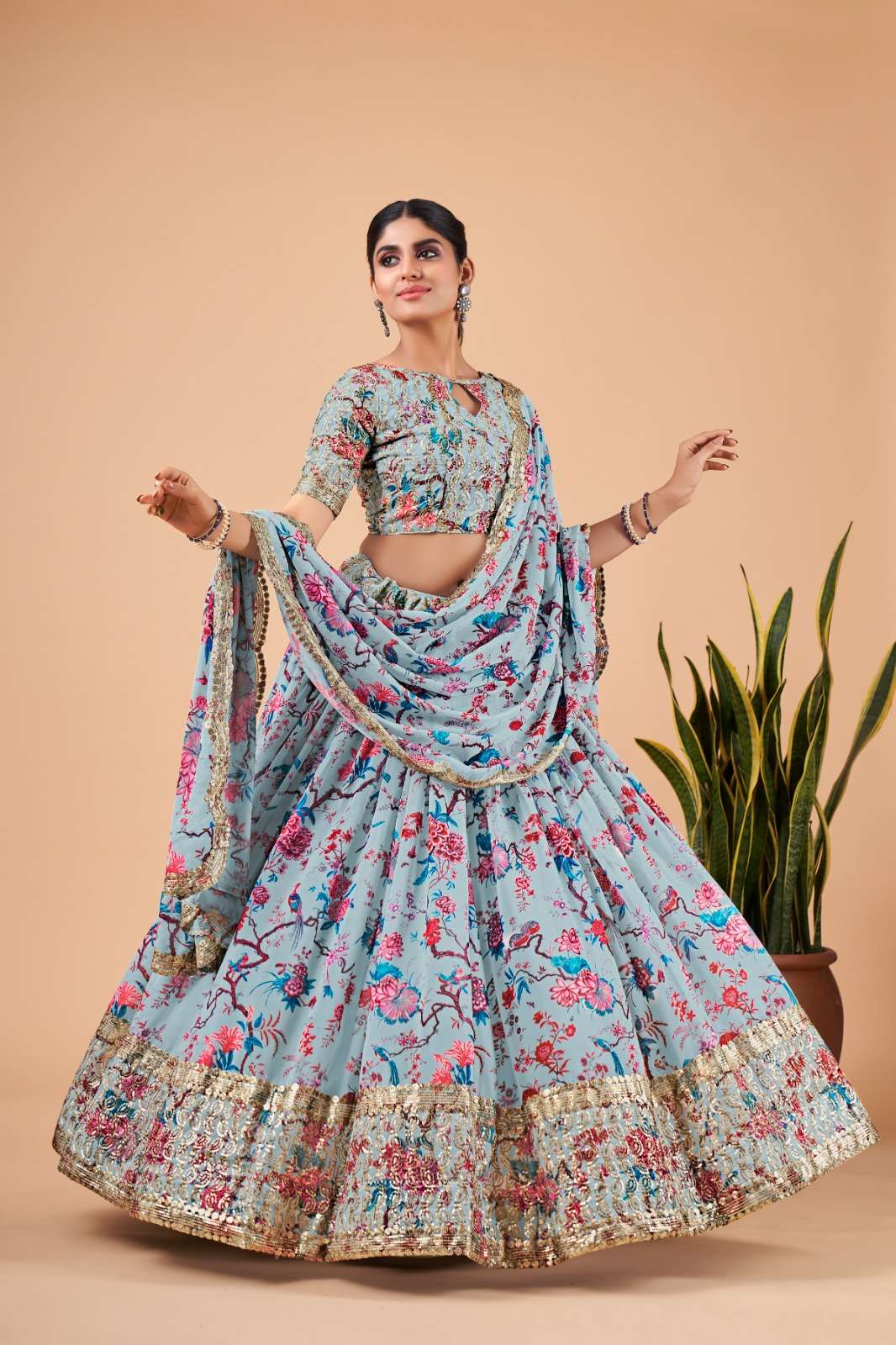 DESIGNER TRENDY STYLISH FANCY PARTY WEAR SKY BLUE GEORGETTE LEHENGA CHOLI AAHVANN FLORANCE 6001