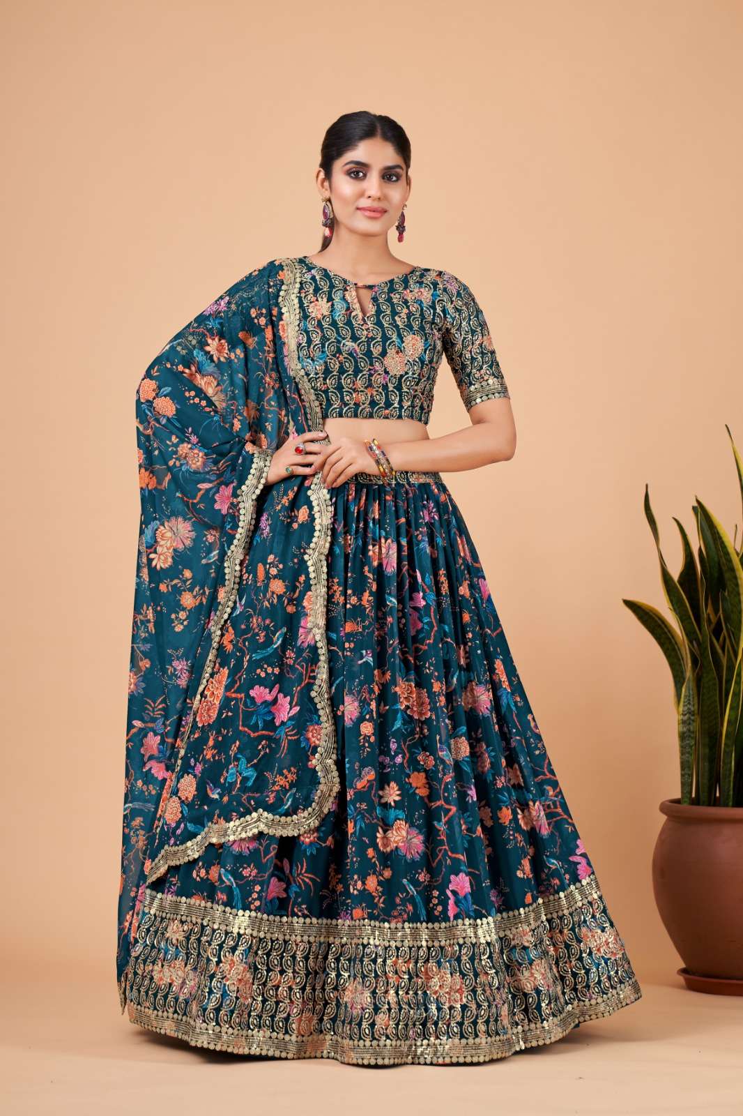 DESIGNER TRENDY STYLISH FANCY PARTY WEAR TEAL BLUE GEORGETTE LEHENGA CHOLI AAHVANN FLORANCE 6003