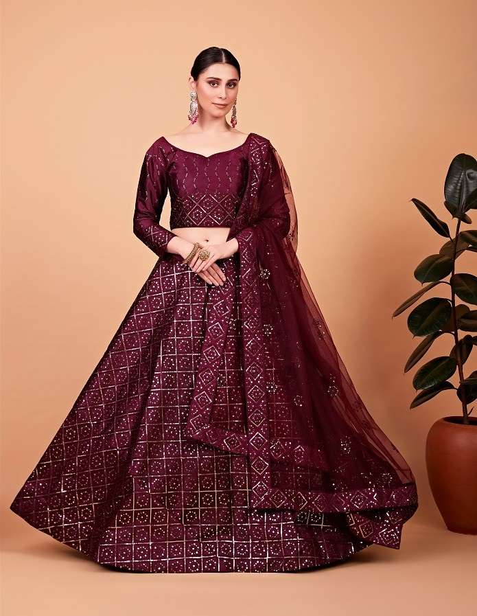 DESIGNER TRENDY STYLISH FANCY PARTY WEAR WINE SILK LEHENGA CHOLI PC NAYARA 102