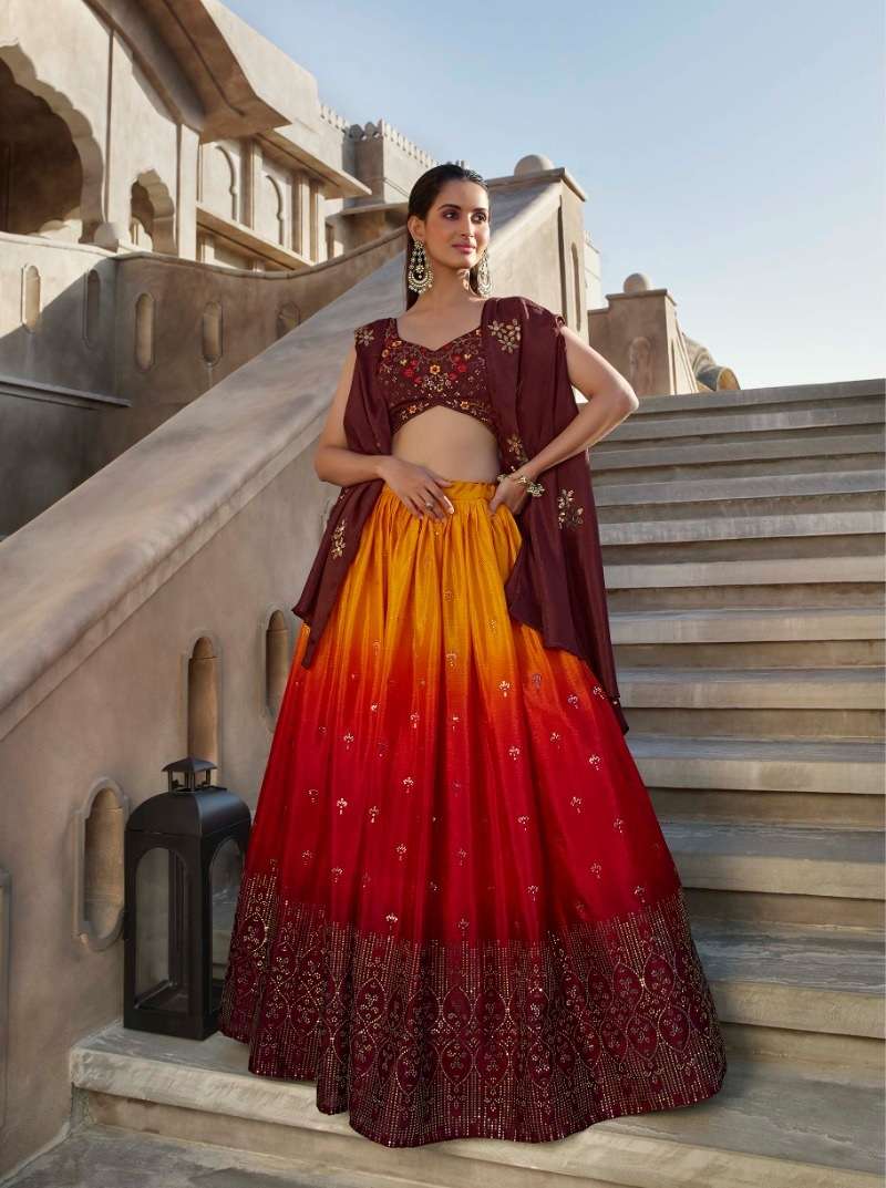 DESIGNER TRENDY STYLISH FANCY WEDDING PARTY WEAR ORANGE RED COLOR GEORGETTE SILK LEHENGA CHOLI KF BRIDESMAID 2305