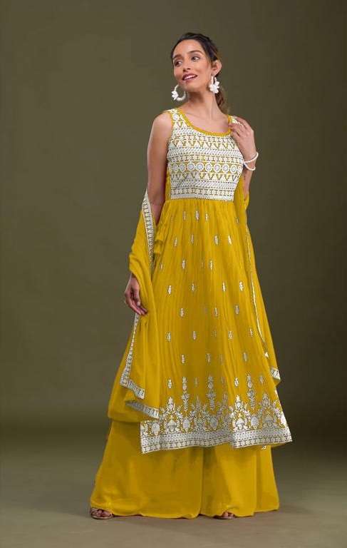 DESIGNER YELLOW FANCY WEDDING PARTY WEAR FAUX GEORGETTE NAYRA CUT PLAZZO SALWAR SUIT CPR 1017C