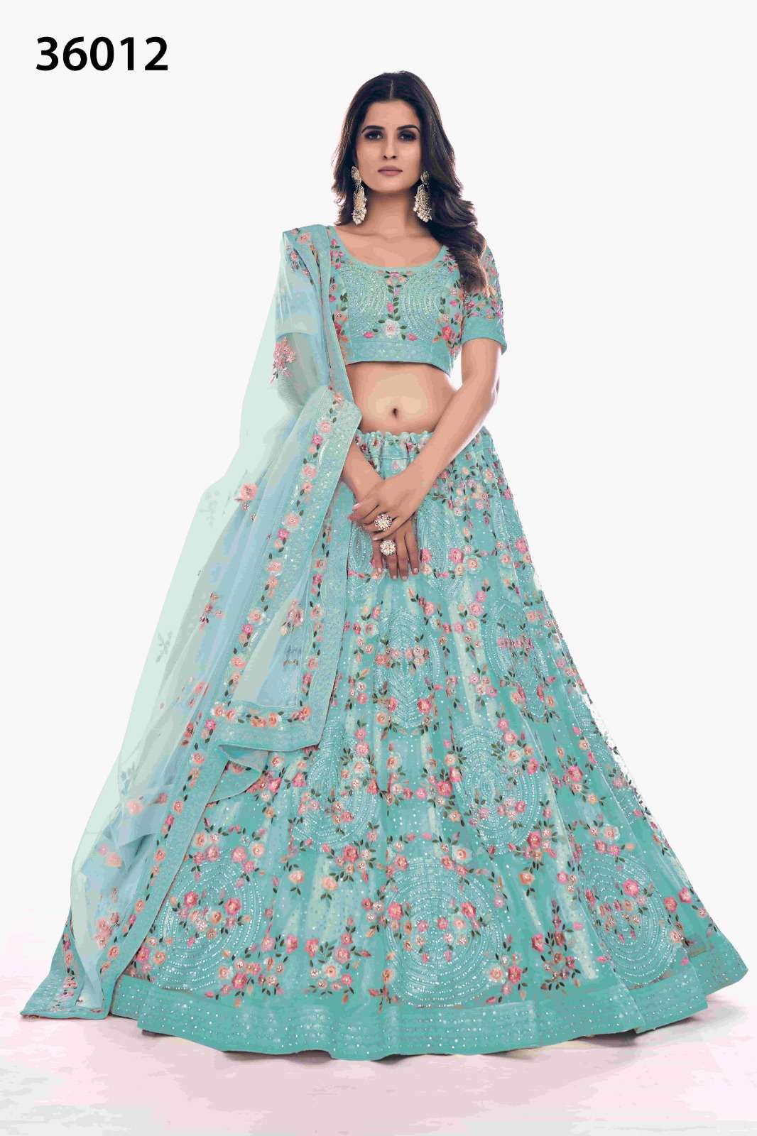 INDIAN BOLLYWOOD DESIGNER FANCY WEDDING BRIDAL PARTY WEAR SKY BLUE LEHENGA NEW DESIGN IN SOFT NET WITH THREAD SEQUENCE STONE WORK DST ARYA POSHAK 36012