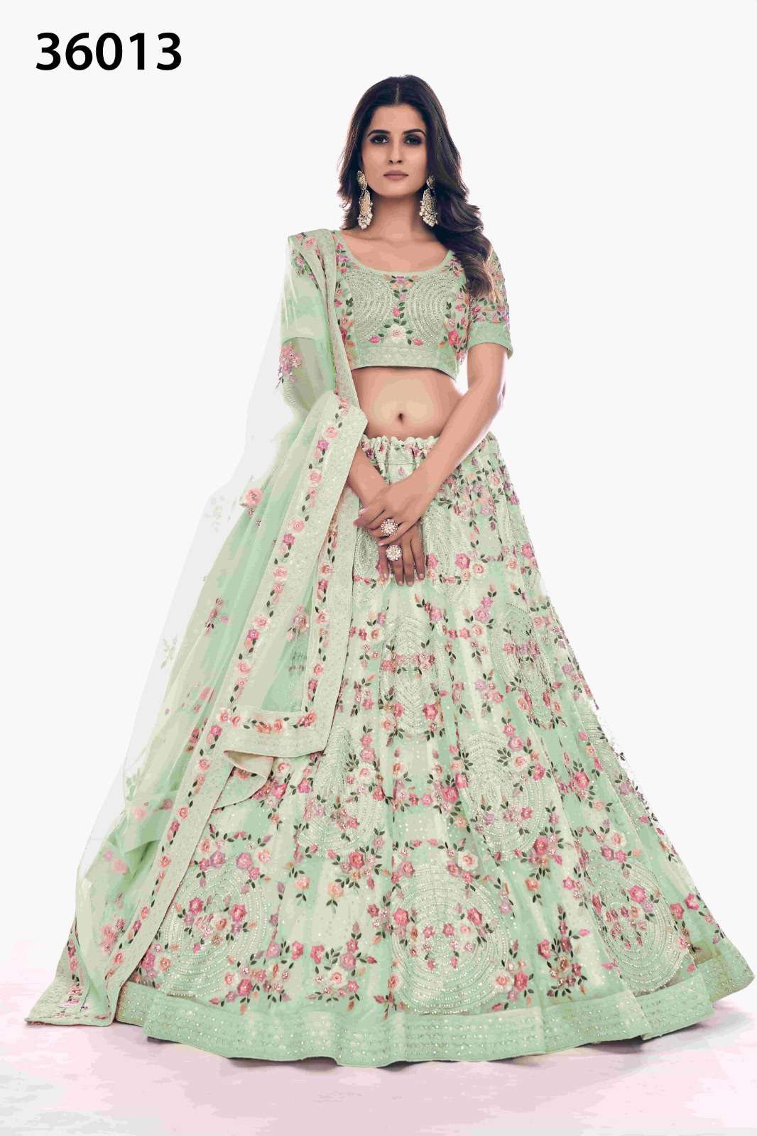 INDIAN BOLLYWOOD DESIGNER FANCY WEDDING BRIDAL PARTY WEAR PISTA LEHENGA NEW DESIGN IN SOFT NET WITH THREAD SEQUENCE STONE WORK DST ARYA POSHAK 36013