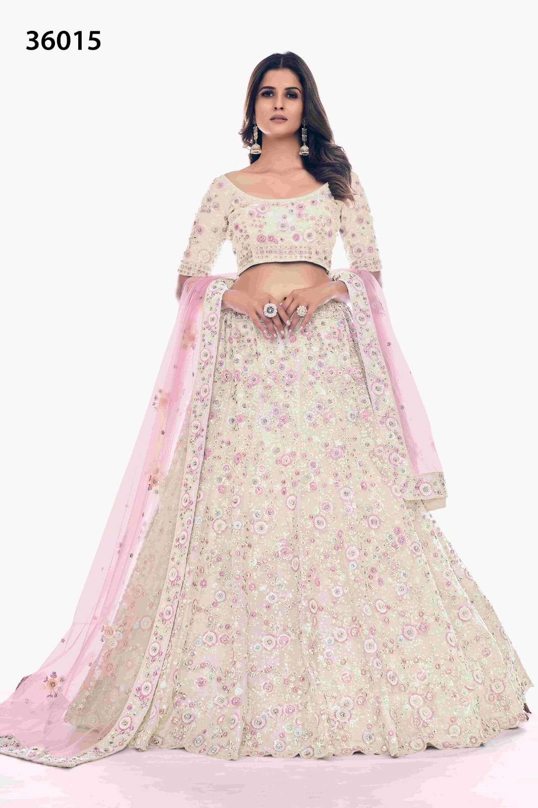 INDIAN BOLLYWOOD DESIGNER FANCY WEDDING BRIDAL PARTY WEAR WHITE LEHENGA NEW DESIGN IN SOFT NET WITH THREAD SEQUENCE STONE WORK DST ARYA POSHAK 36015