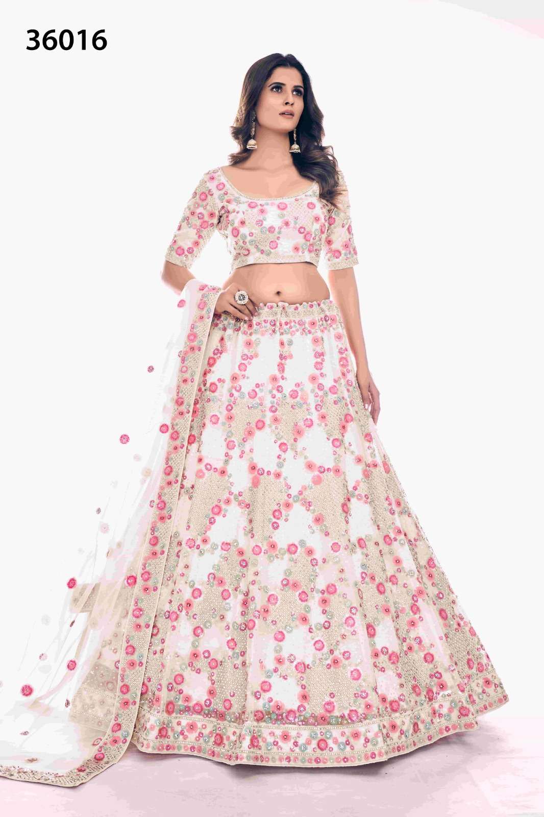 INDIAN BOLLYWOOD DESIGNER FANCY WEDDING BRIDAL PARTY WEAR WHITE LEHENGA NEW DESIGN IN SOFT NET WITH THREAD SEQUENCE STONE WORK DST ARYA POSHAK 36016