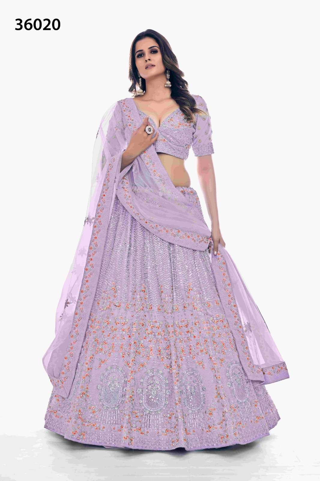 INDIAN BOLLYWOOD DESIGNER FANCY WEDDING BRIDAL PARTY WEAR LAVENDER LEHENGA NEW DESIGN IN SOFT NET WITH THREAD SEQUENCE STONE WORK DST ARYA POSHAK 36020