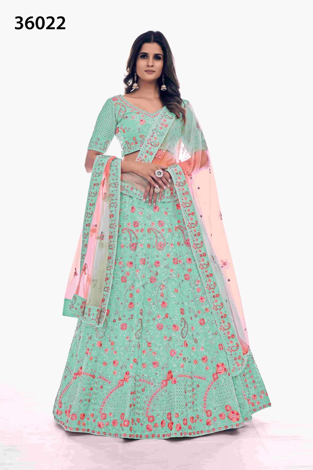 INDIAN BOLLYWOOD DESIGNER FANCY WEDDING BRIDAL PARTY WEAR GREEN LEHENGA NEW DESIGN IN SOFT NET WITH THREAD SEQUENCE STONE WORK DST ARYA POSHAK 36022