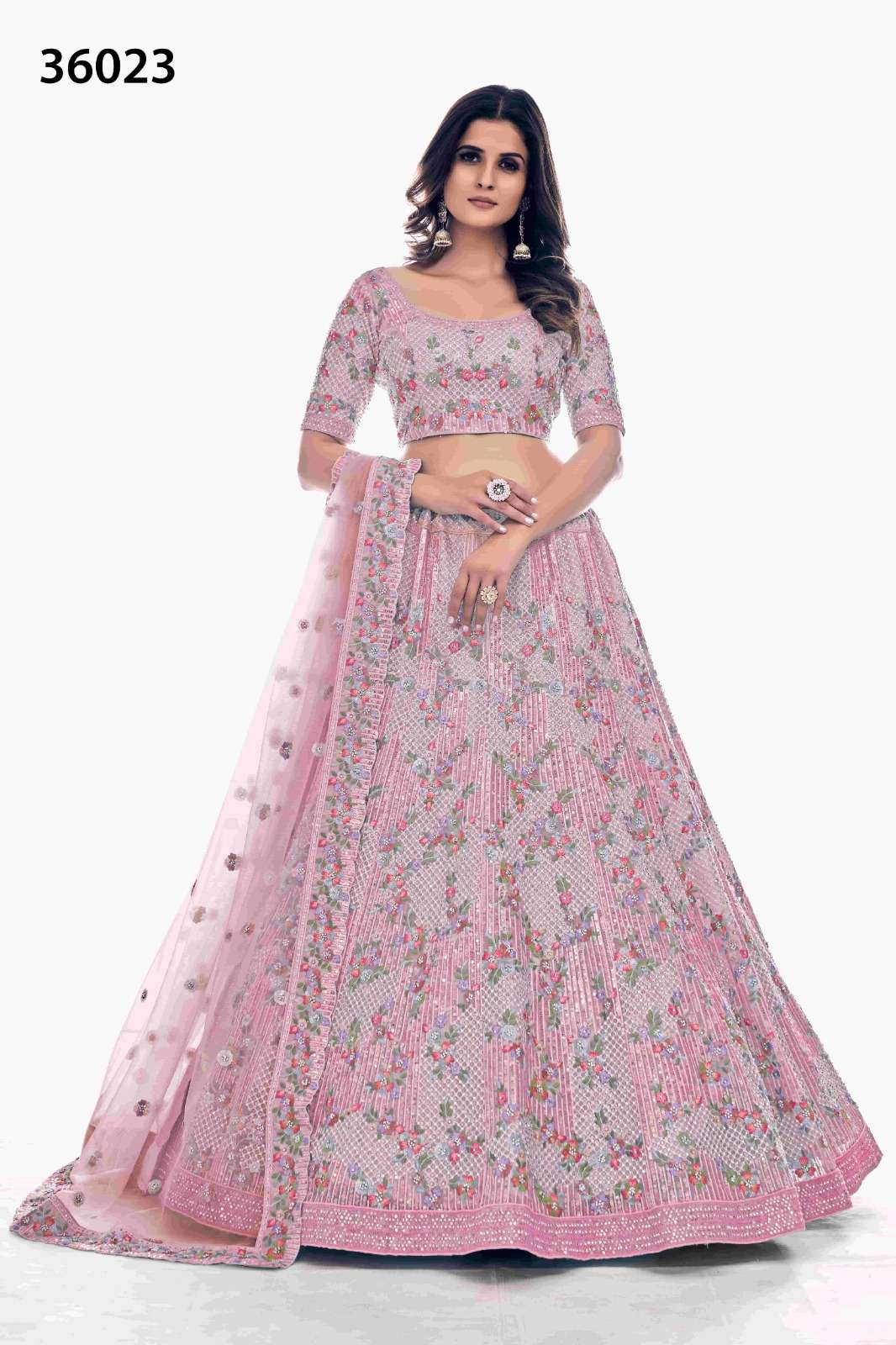 INDIAN BOLLYWOOD DESIGNER FANCY WEDDING BRIDAL PARTY WEAR PINK LEHENGA NEW DESIGN IN SOFT NET WITH THREAD SEQUENCE STONE WORK DST ARYA POSHAK 36023