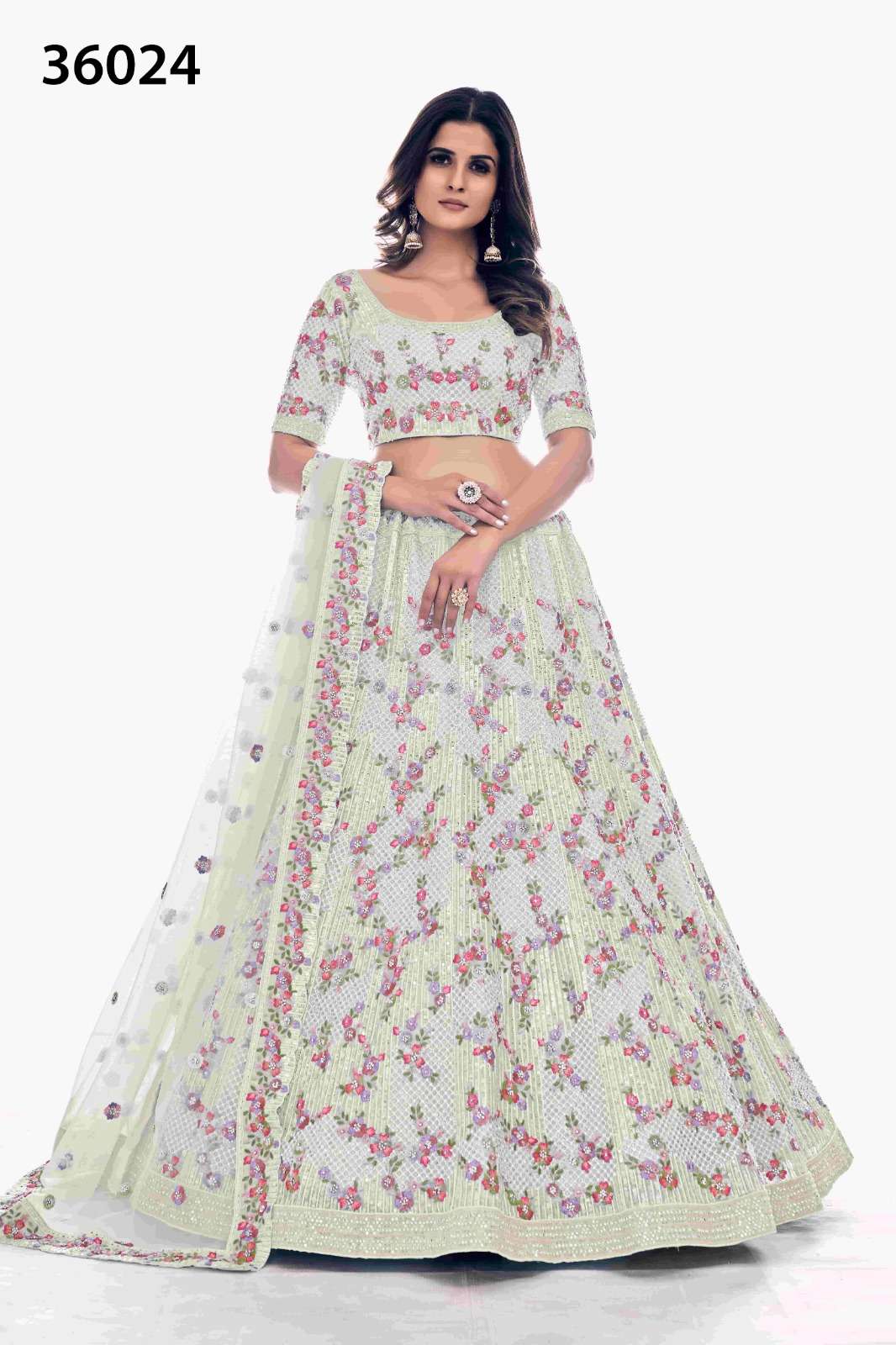 INDIAN BOLLYWOOD DESIGNER FANCY WEDDING BRIDAL PARTY WEAR WHITE LEHENGA NEW DESIGN IN SOFT NET WITH THREAD SEQUENCE STONE WORK DST ARYA POSHAK 36024