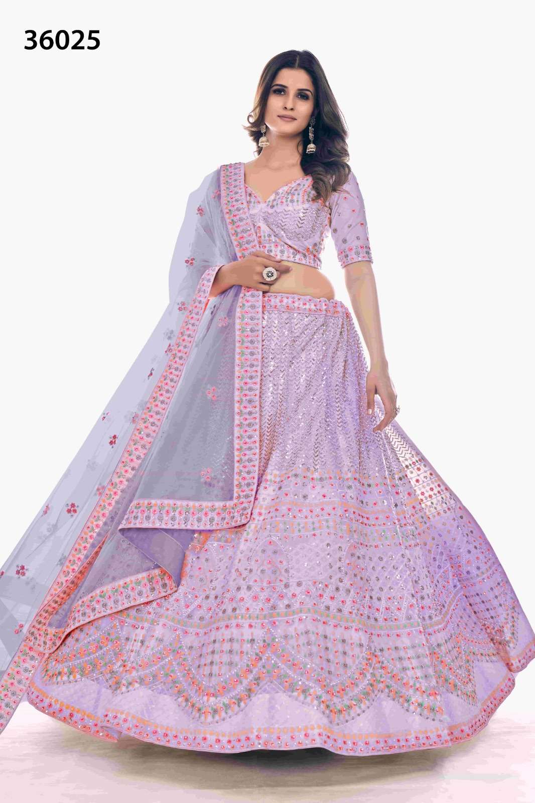 INDIAN BOLLYWOOD DESIGNER FANCY WEDDING BRIDAL PARTY WEAR LAVENDER LEHENGA NEW DESIGN IN SOFT NET WITH THREAD SEQUENCE STONE WORK DST ARYA POSHAK 36025