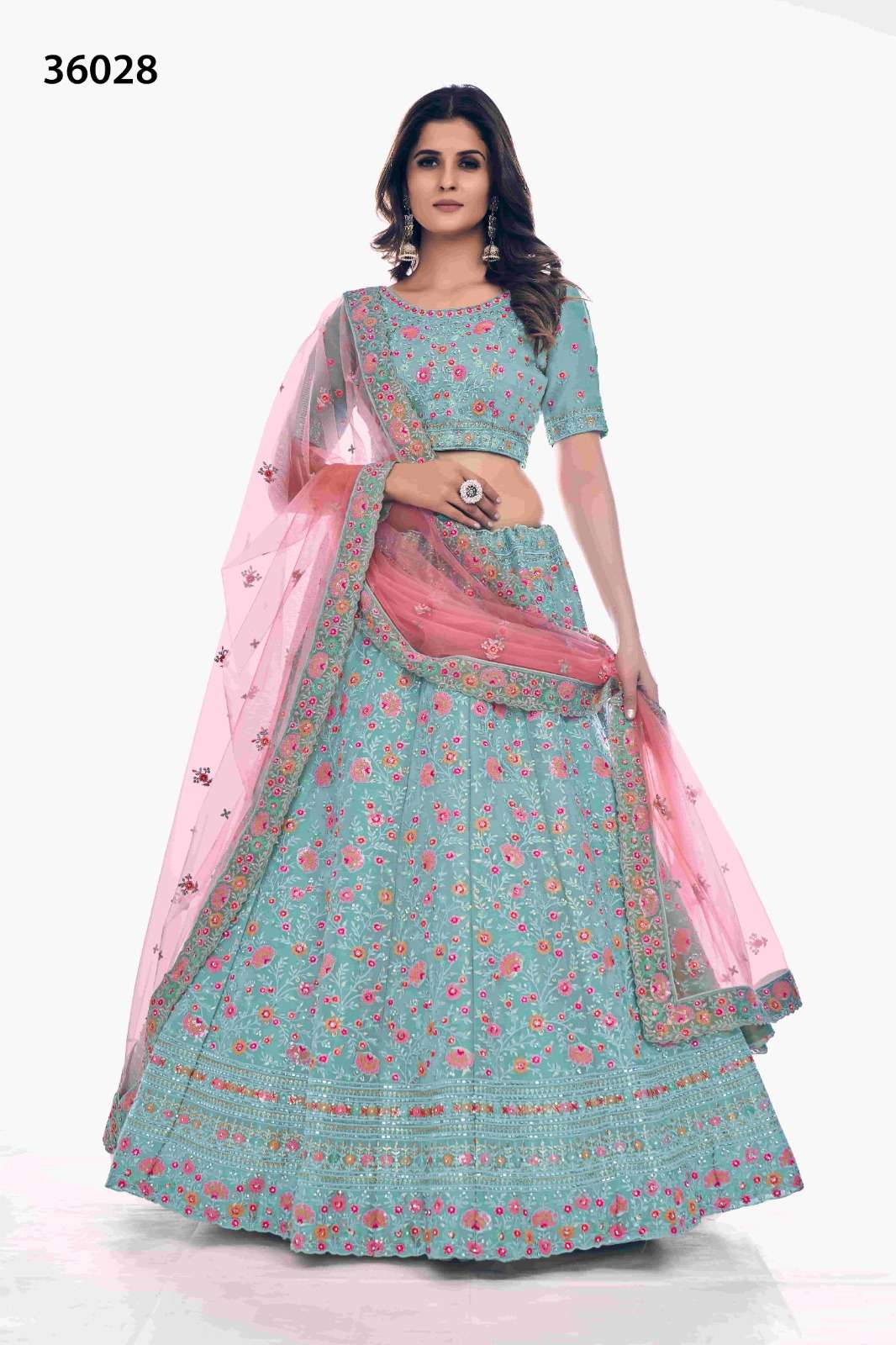 INDIAN BOLLYWOOD DESIGNER FANCY WEDDING BRIDAL PARTY WEAR SKY BLUE LEHENGA NEW DESIGN IN SOFT NET WITH THREAD SEQUENCE STONE WORK DST ARYA POSHAK 36028