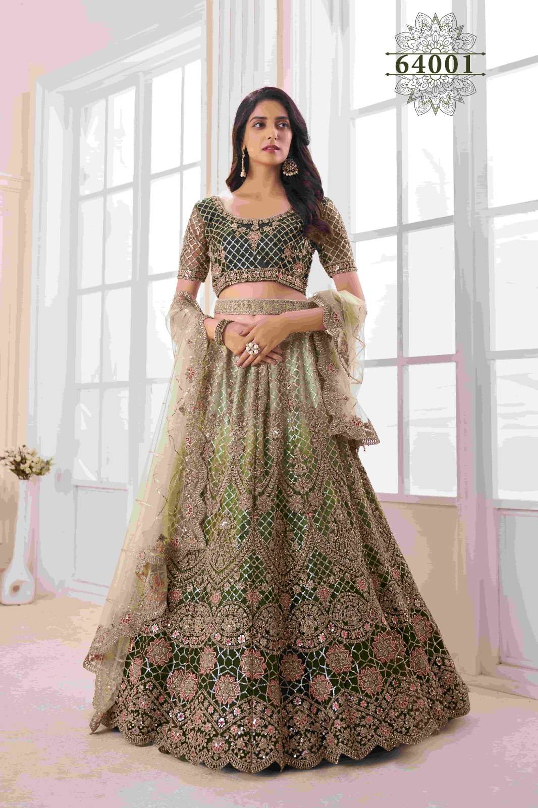 INDIAN BOLLYWOOD DESIGNER FANCY WEDDING BRIDAL PARTY WEAR OLIVE GREEN LEHENGA NEW DESIGN IN SOFT NET WITH THREAD SEQUENCE STONE WORK DST ARYA 64001