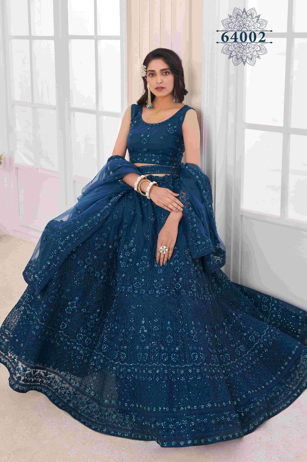 INDIAN BOLLYWOOD DESIGNER FANCY WEDDING BRIDAL PARTY WEAR TEAL BLUE LEHENGA NEW DESIGN IN SOFT NET WITH THREAD SEQUENCE STONE WORK DST ARYA 64002