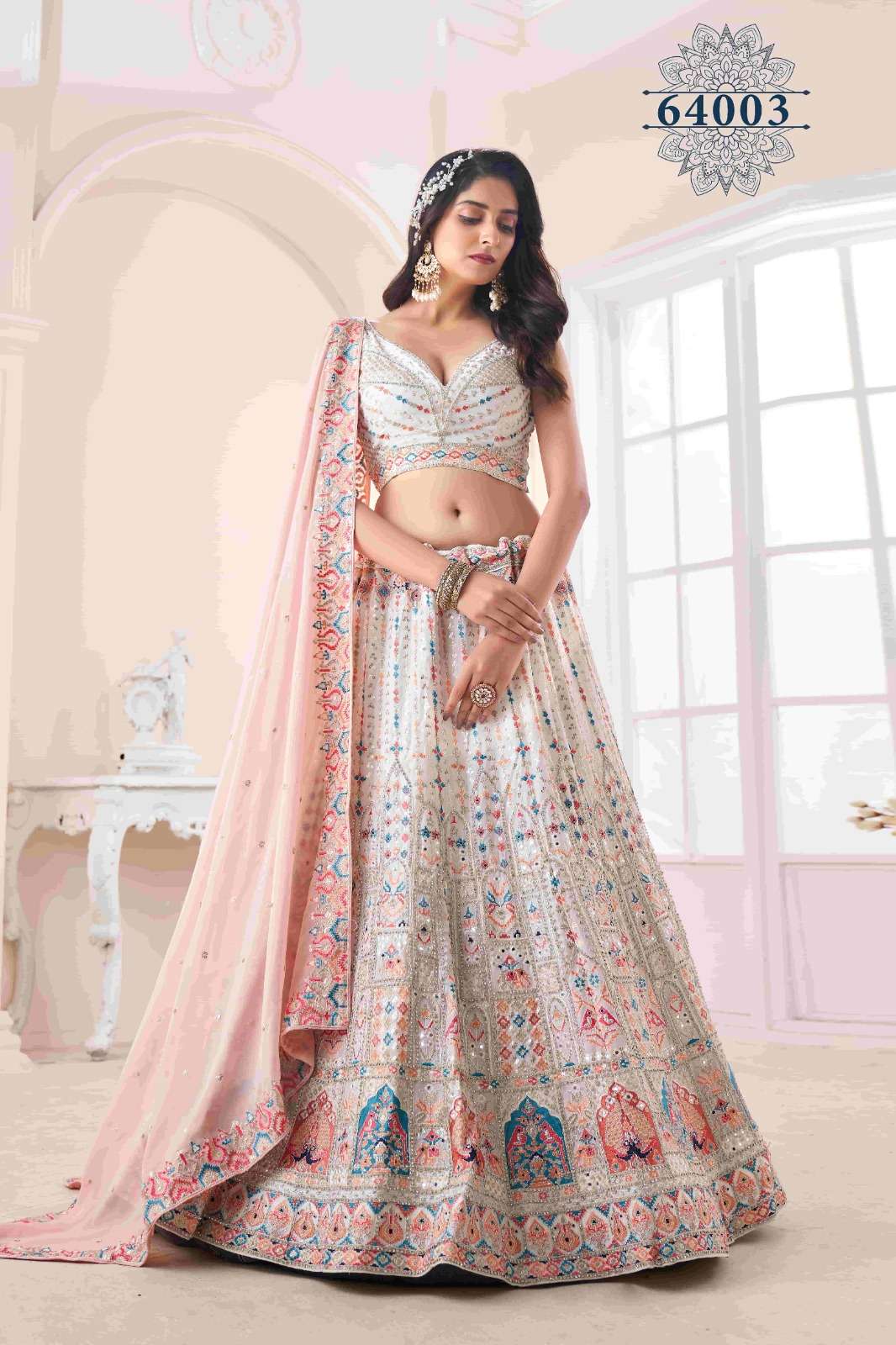 INDIAN BOLLYWOOD DESIGNER FANCY WEDDING BRIDAL PARTY WEAR WHITE LEHENGA NEW DESIGN IN GEROGETTE WITH THREAD SEQUENCE STONE WORK DST ARYA 64003