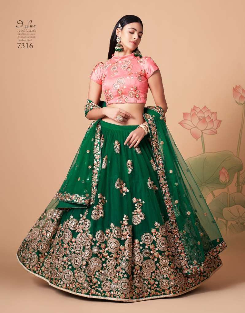 INDIAN BOLLYWOOD DESIGNER FANCY WEDDING PARTY WEAR GREEN NET FABRIC LEHENGA WITH THREAD SEQUENCE 7316