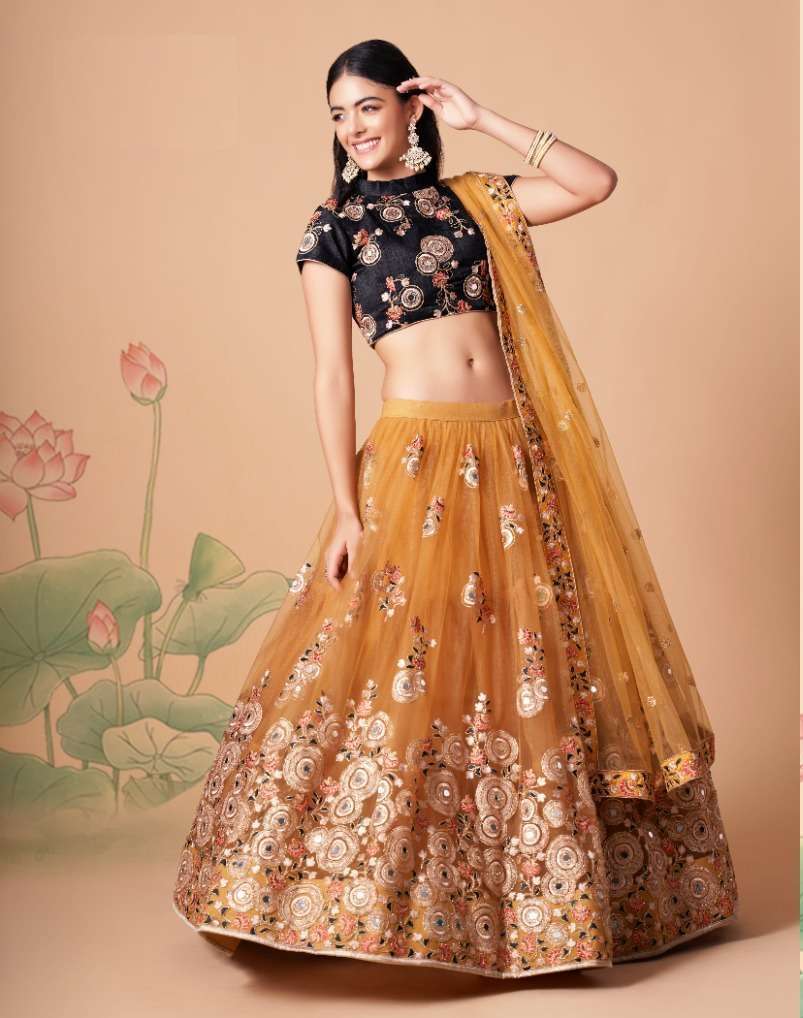 INDIAN BOLLYWOOD DESIGNER FANCY WEDDING PARTY WEAR GOLD NET FABRIC LEHENGA WITH THREAD SEQUENCE 7318